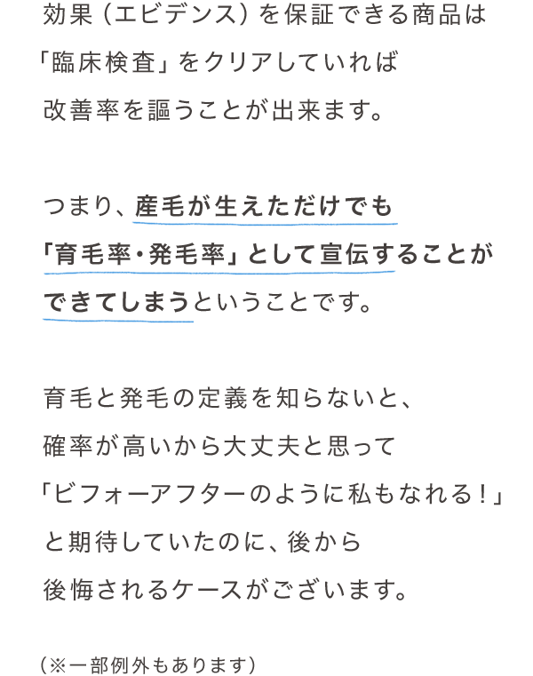 効果（エビデンス）を保証できる商品は「臨床検査」をクリアしていれば改善率を謳うことが出来ます。つまり、産毛が生えただけでも「育毛率・発毛率」として宣伝することができてしまうということです。育毛と発毛の定義を知らないと、確率が高いから大丈夫と思って「ビフォーアフターのように私もなれる！」と期待していたのに、後から後悔されるケースがございます。