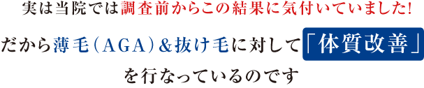 調査以前から当院でのデータではこのような結果が出ていました。そのため、当院では薄毛(AGA)&抜け毛対策に対して薄毛AGA鍼灸&整体の本家本元だからできる独自の差別化を行なっています。